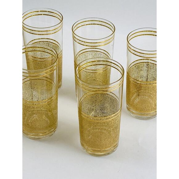 Set of 7 MCM Vintage Culver High ball Cocktail Glasses Tumblers Gold Band Bottom - Picture 5 of 10